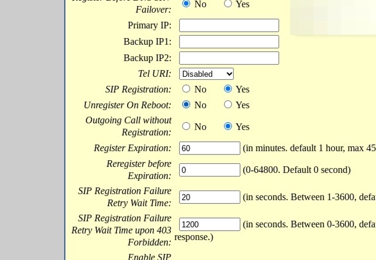 sip registration setting in grandstream