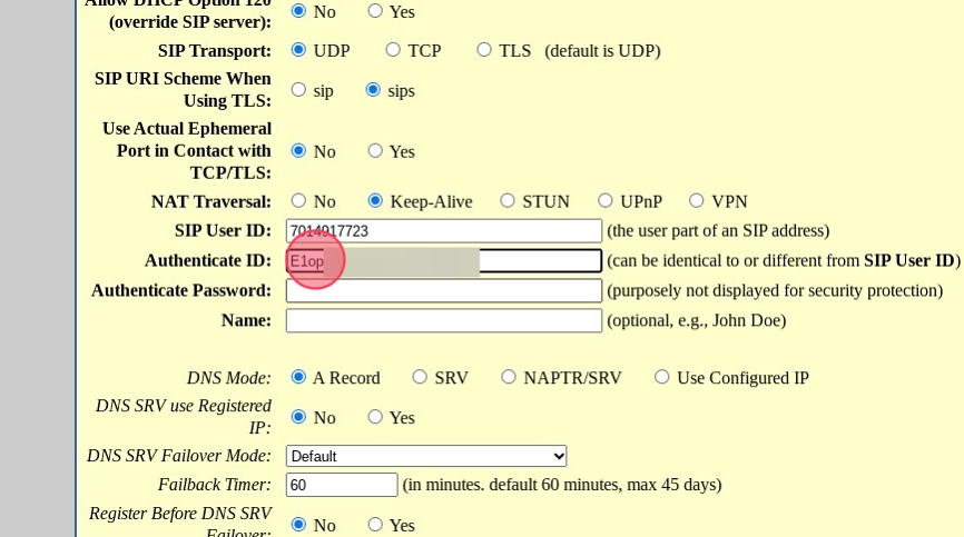 grandstream authenticate id field