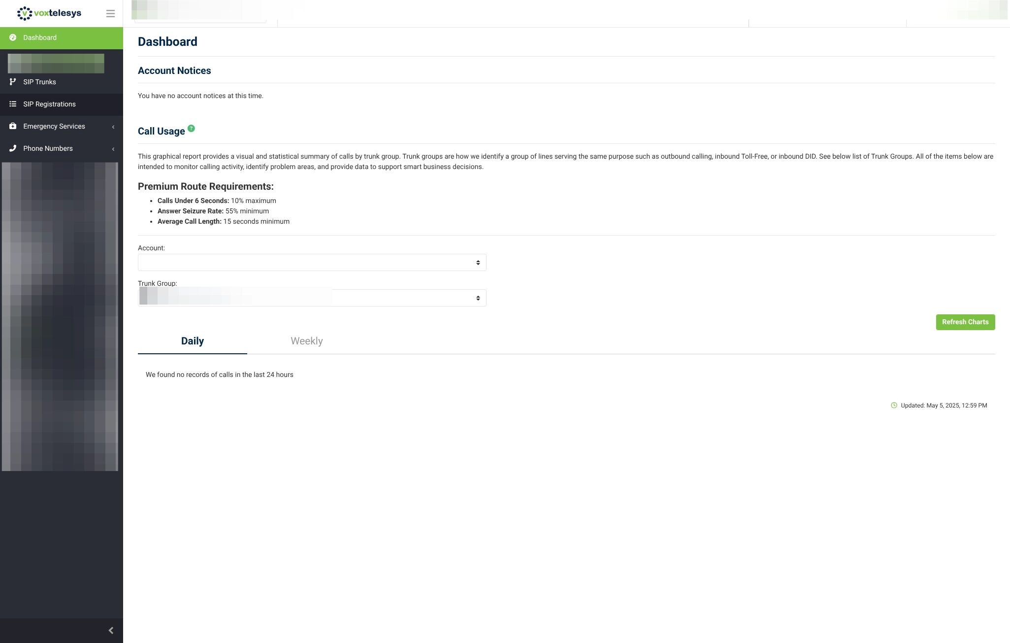 sip registrations in the voxtelesys portal side bar