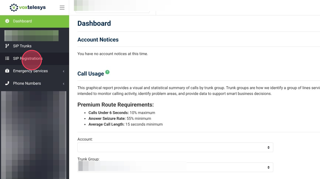 sip registrations in the voxtelesys portal side bar