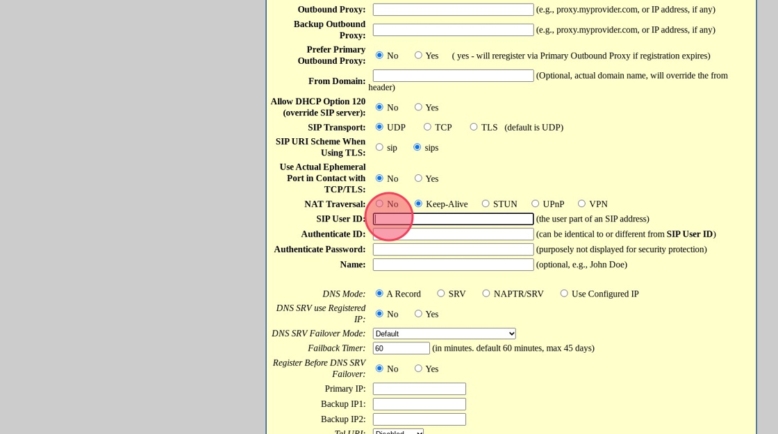 sip user ID location to enter did in grandstream