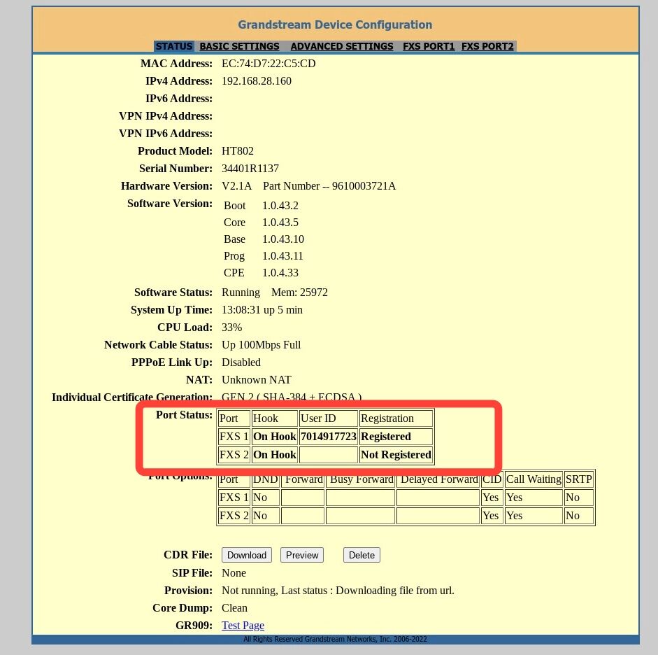 port status field appers as registered in grandstream web interface