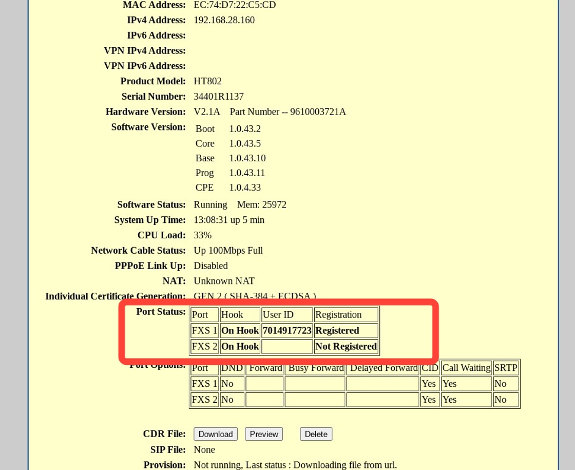 port status field appers as registered in grandstream web interface