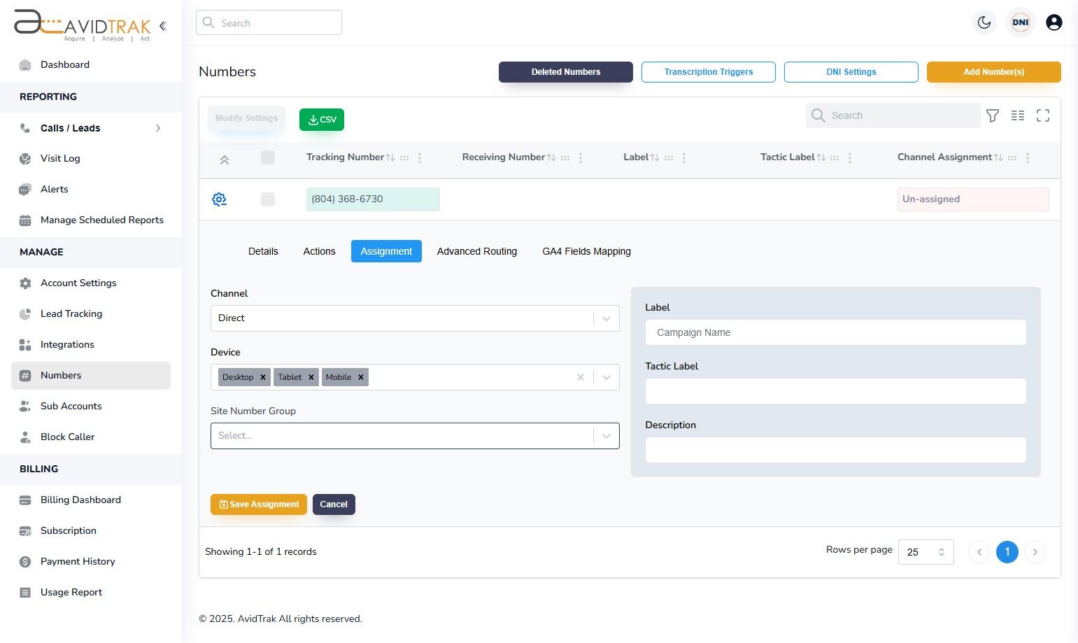 Avidtrak Dynamic Number Insertion