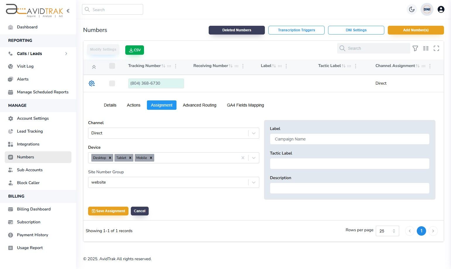 Avidtrak Dynamic Number Insertion