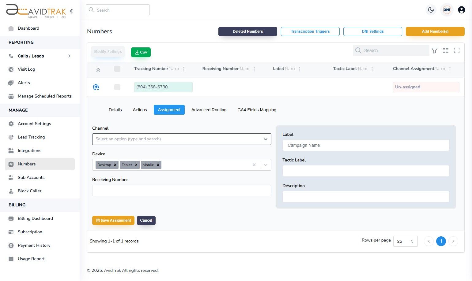 Avidtrak Dynamic Number Insertion