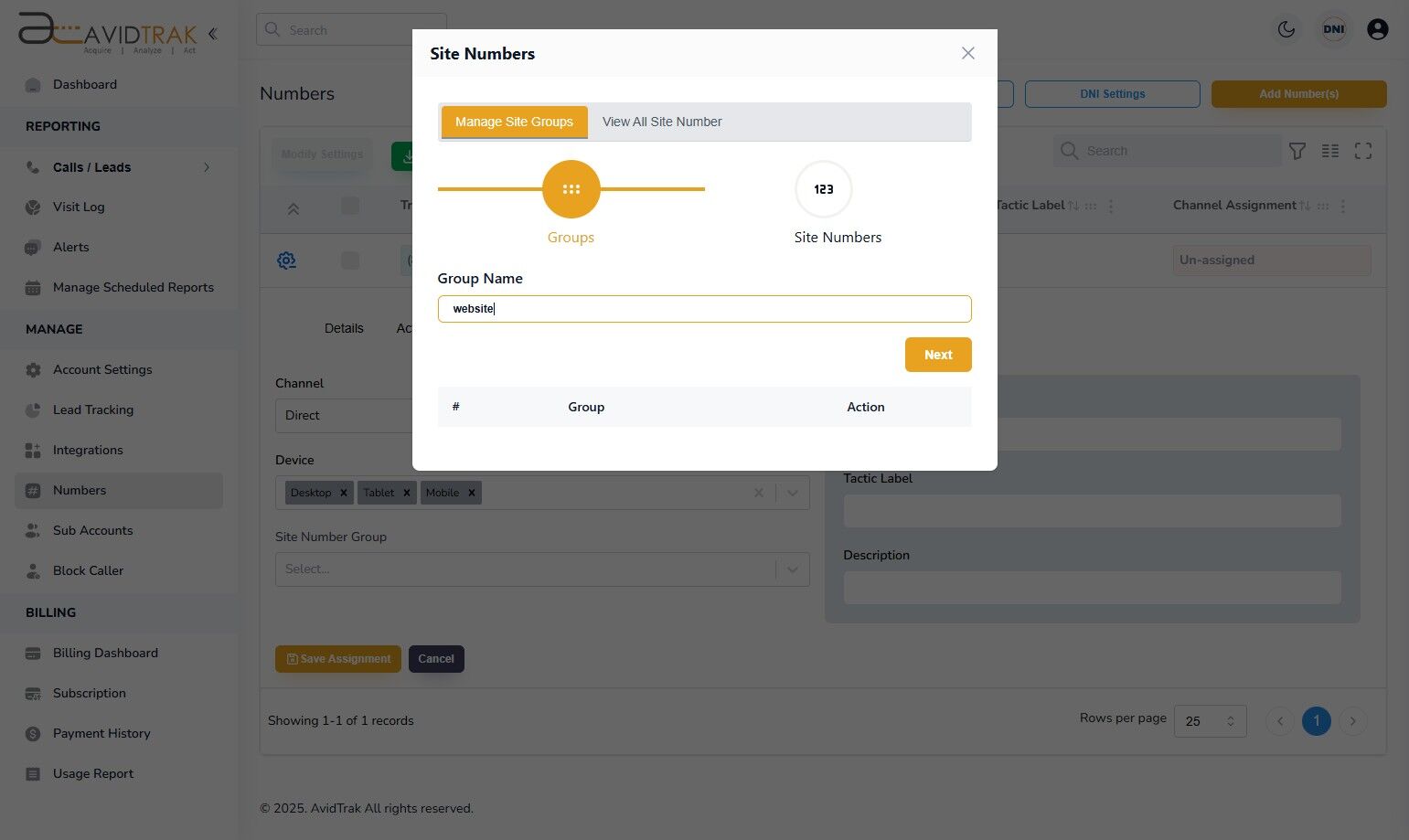 Avidtrak Dynamic Number Insertion