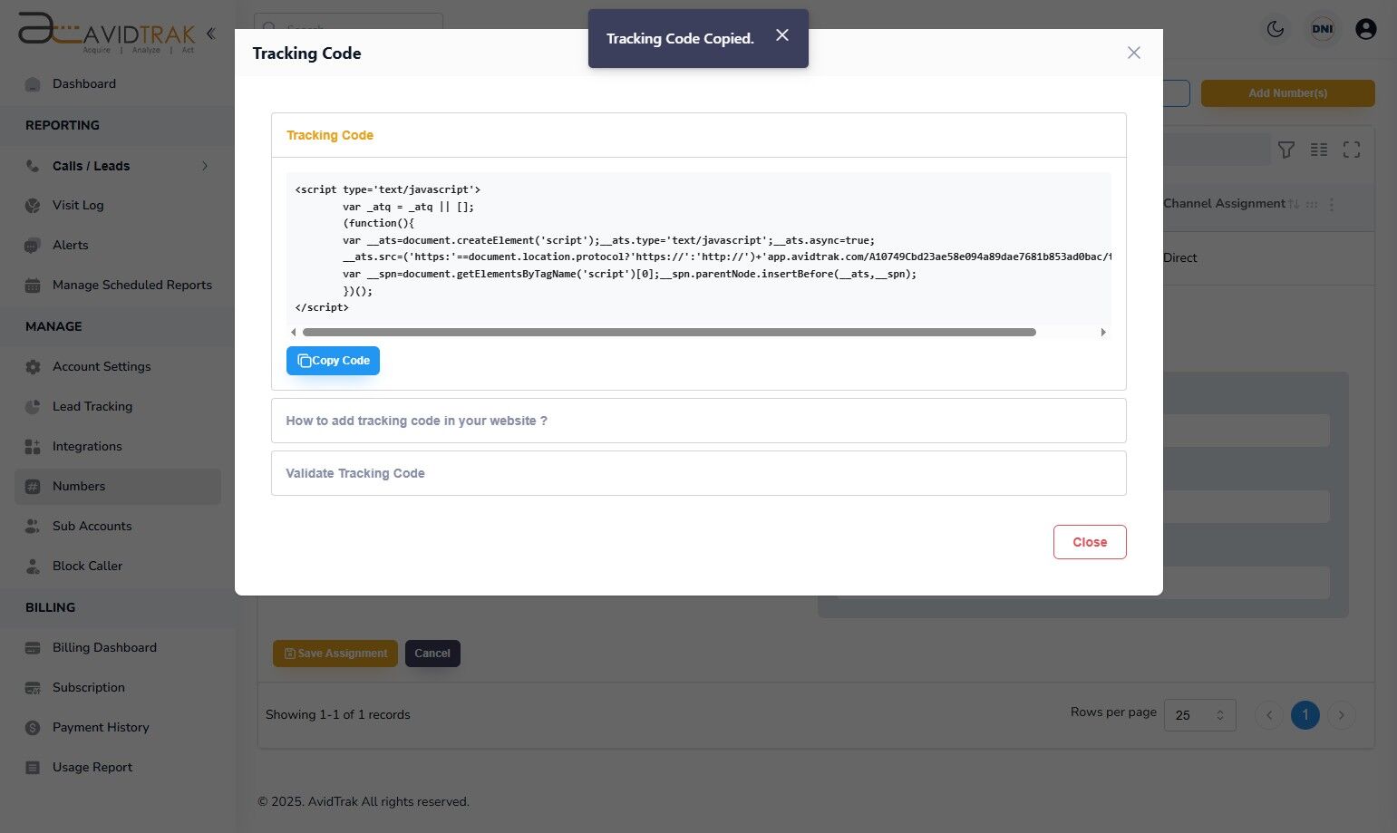 Avidtrak Dynamic Number Insertion