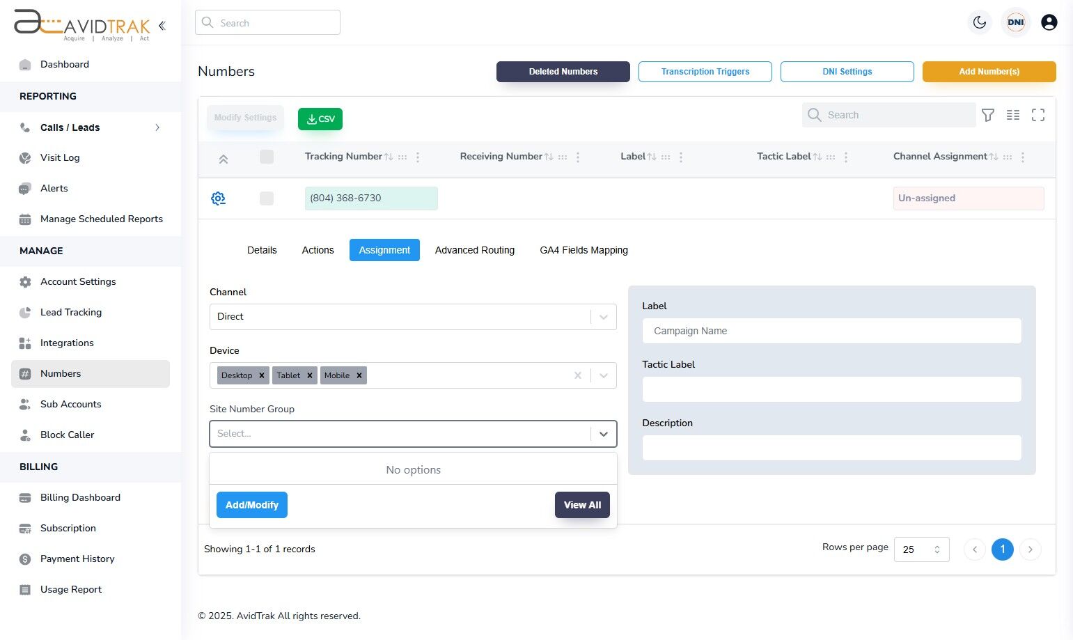Avidtrak Dynamic Number Insertion