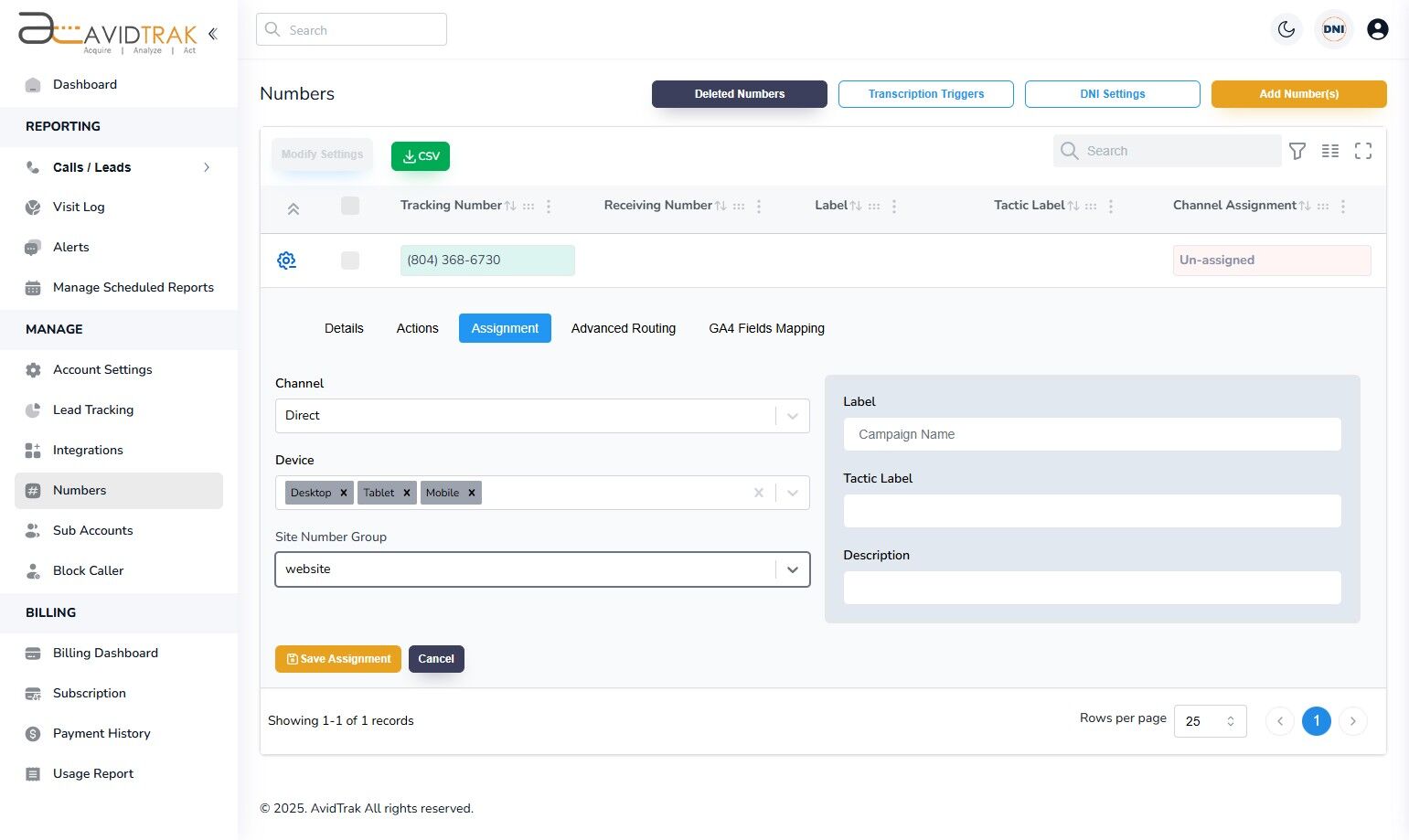 Avidtrak Dynamic Number Insertion