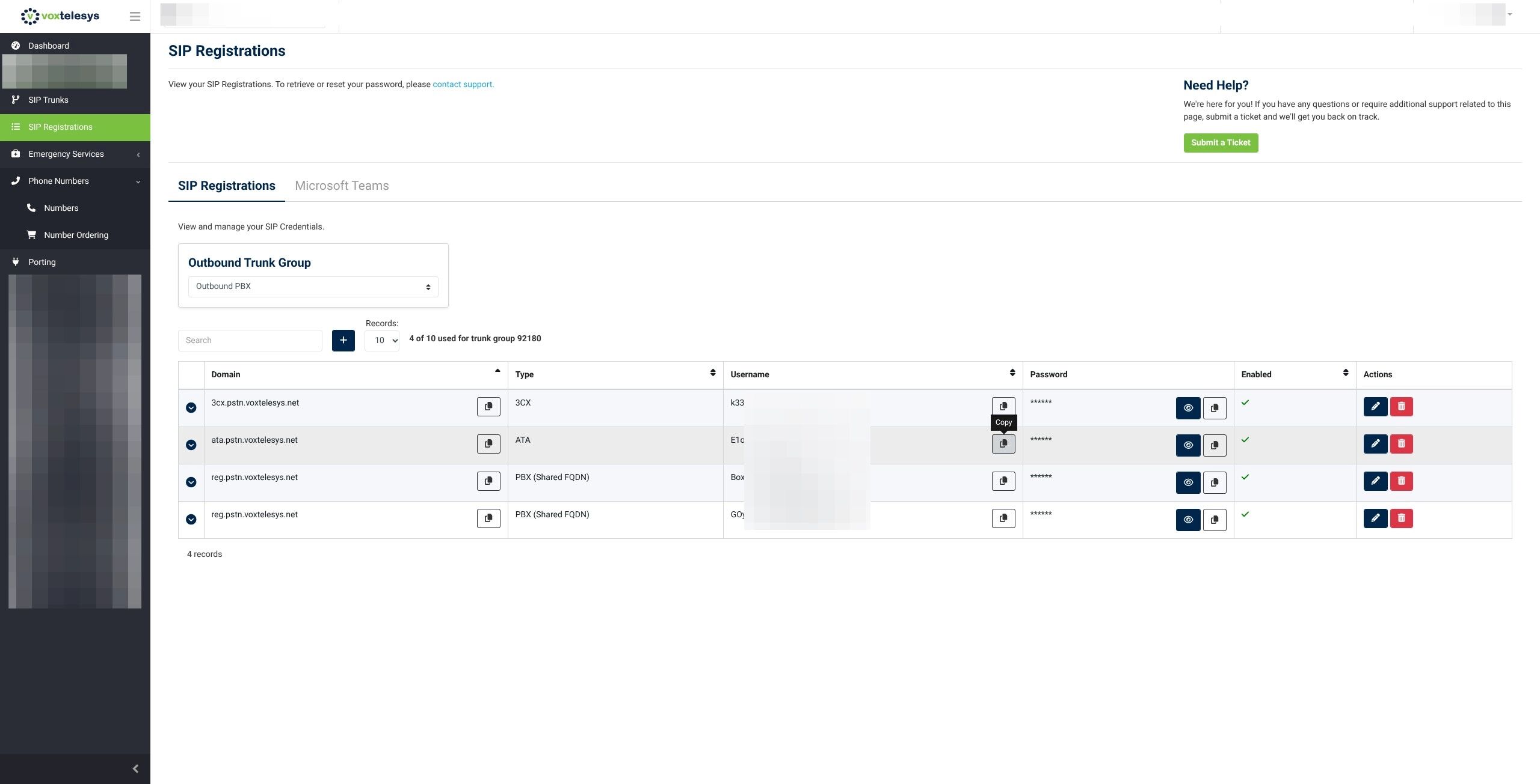 voxtelesys portal ocation to copy username