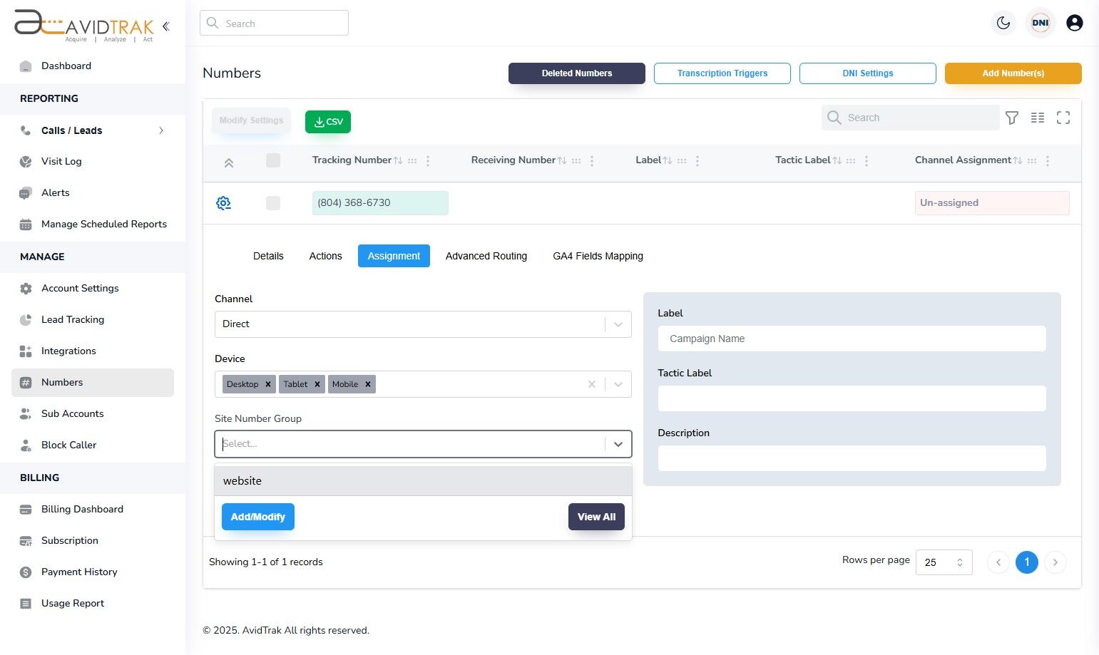 Avidtrak Dynamic Number Insertion