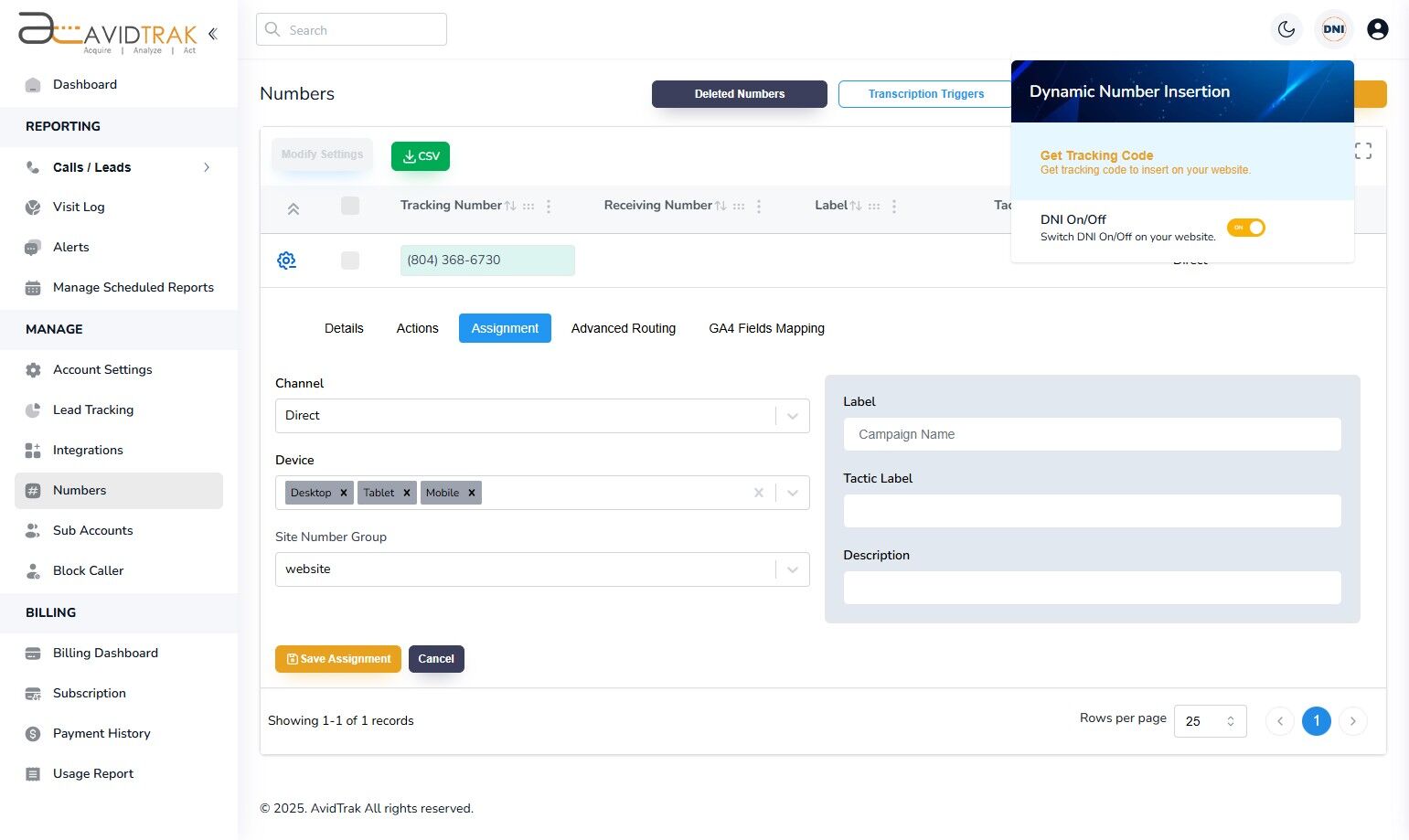 Avidtrak Dynamic Number Insertion