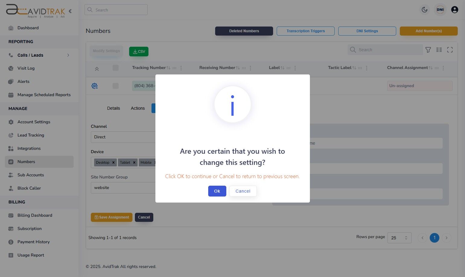 Avidtrak Dynamic Number Insertion