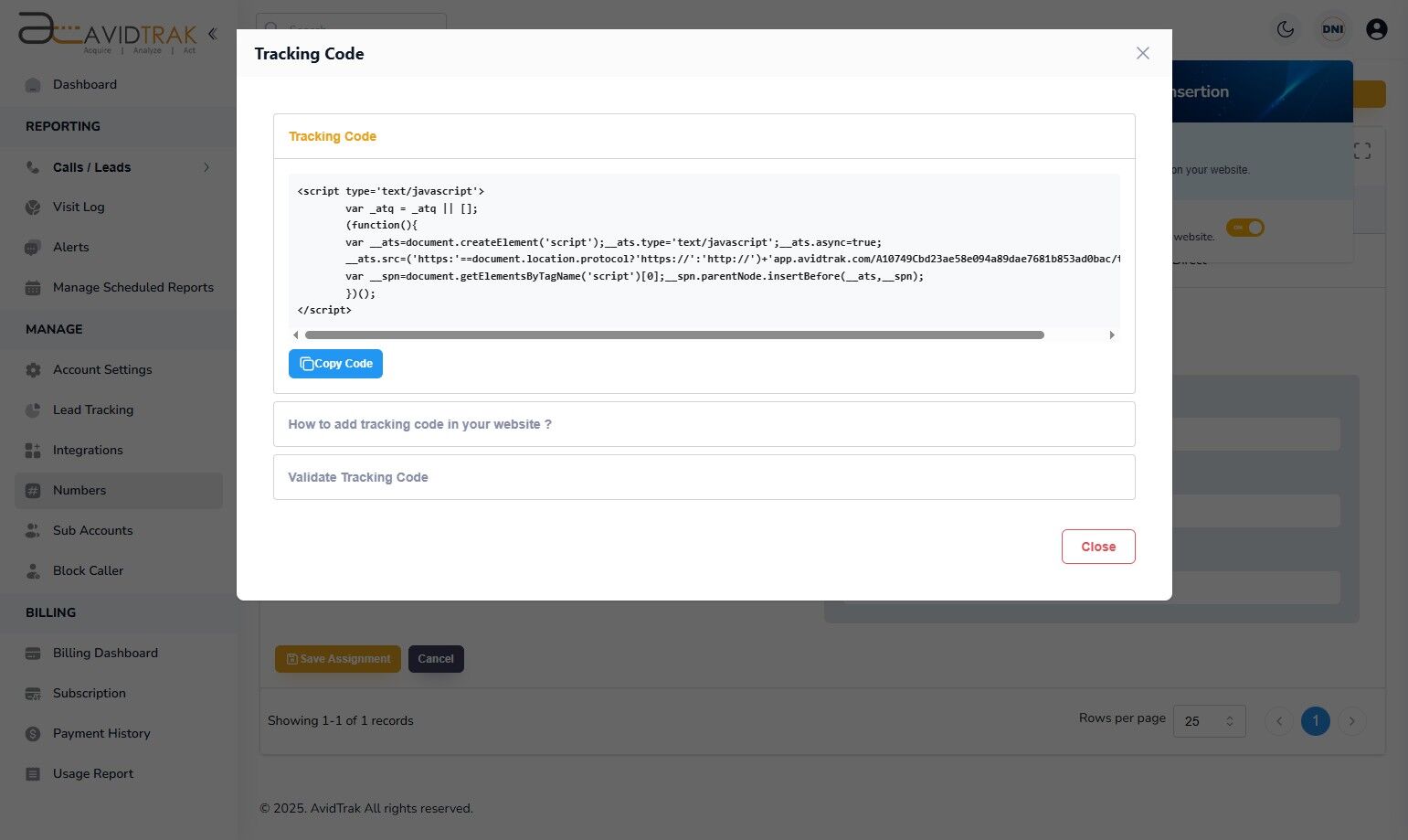 Avidtrak Dynamic Number Insertion