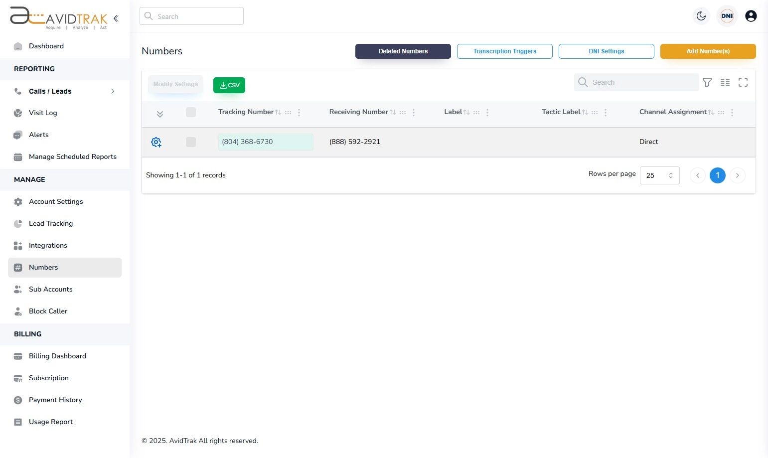 Avidtrak Receiving Number