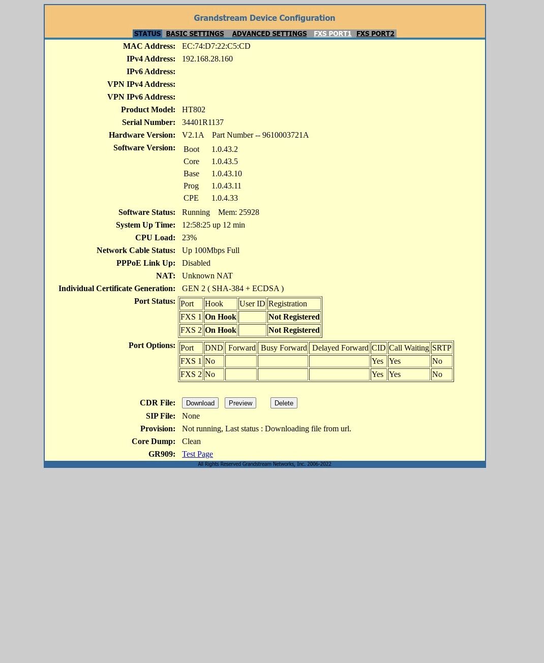 FXS PORT1 tab in grandstream interface