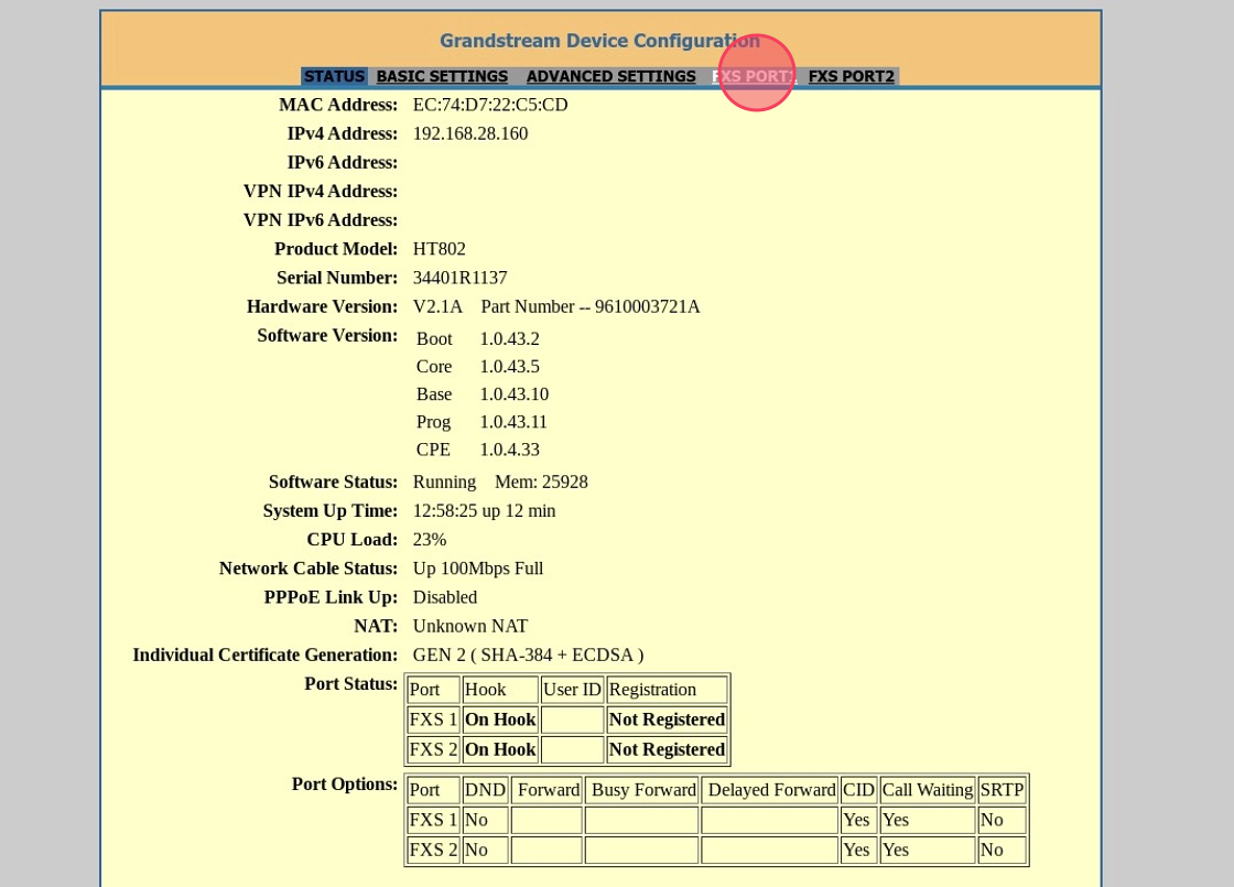 FXS PORT1 tab in grandstream interface