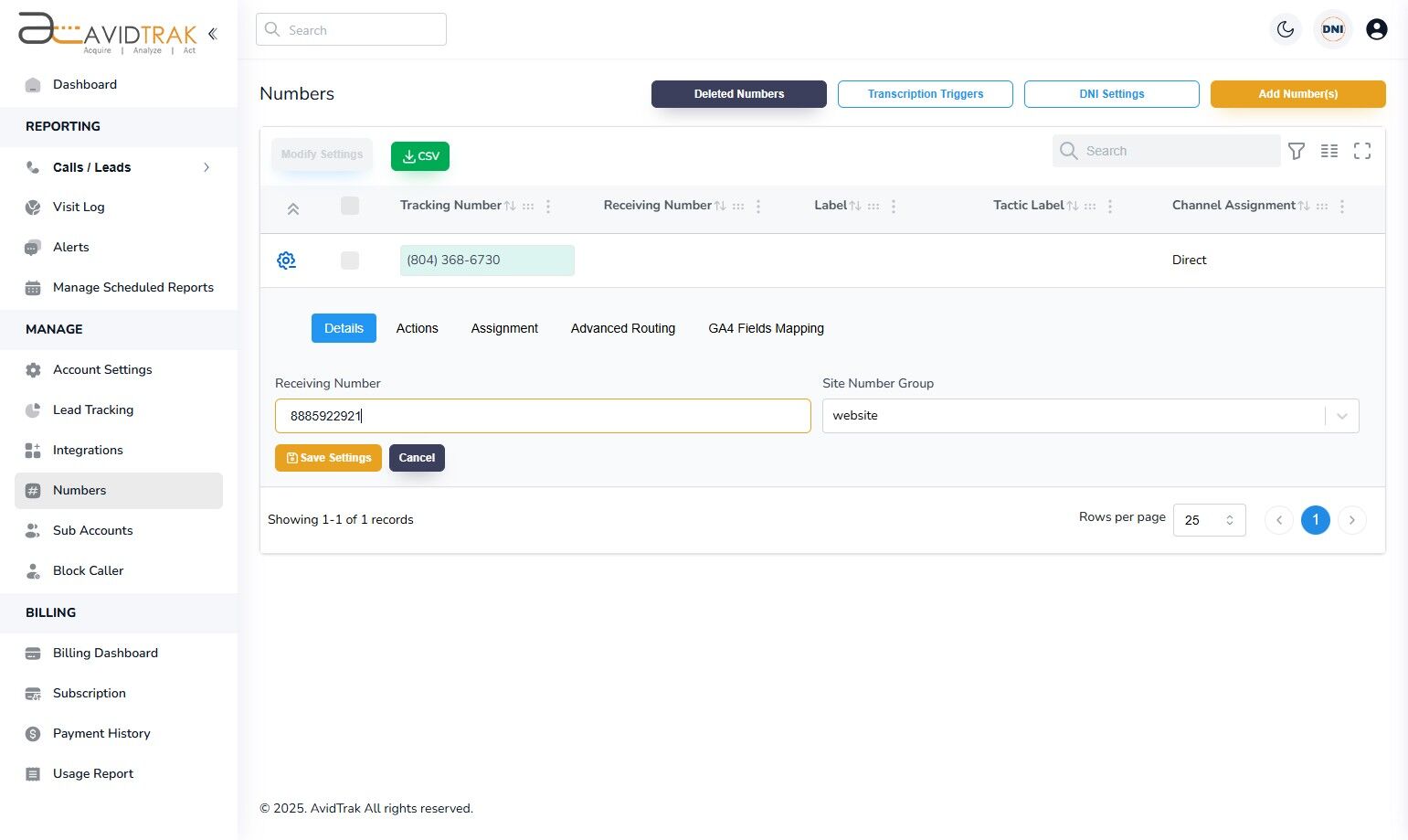 Avidtrak Receiving Number