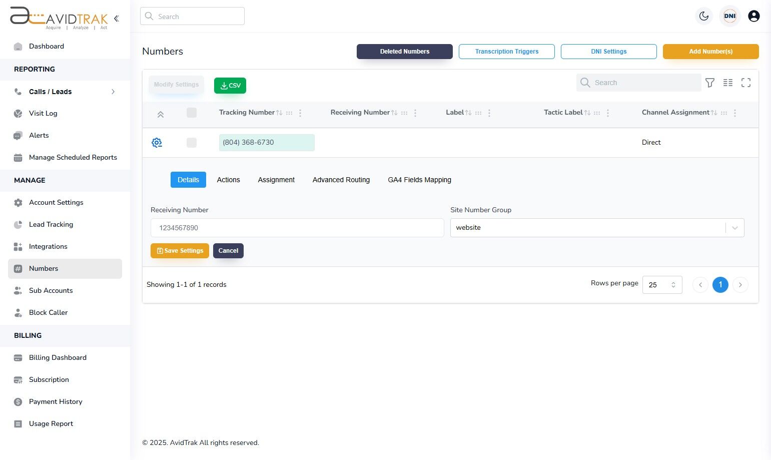 Avidtrak Receiving Number
