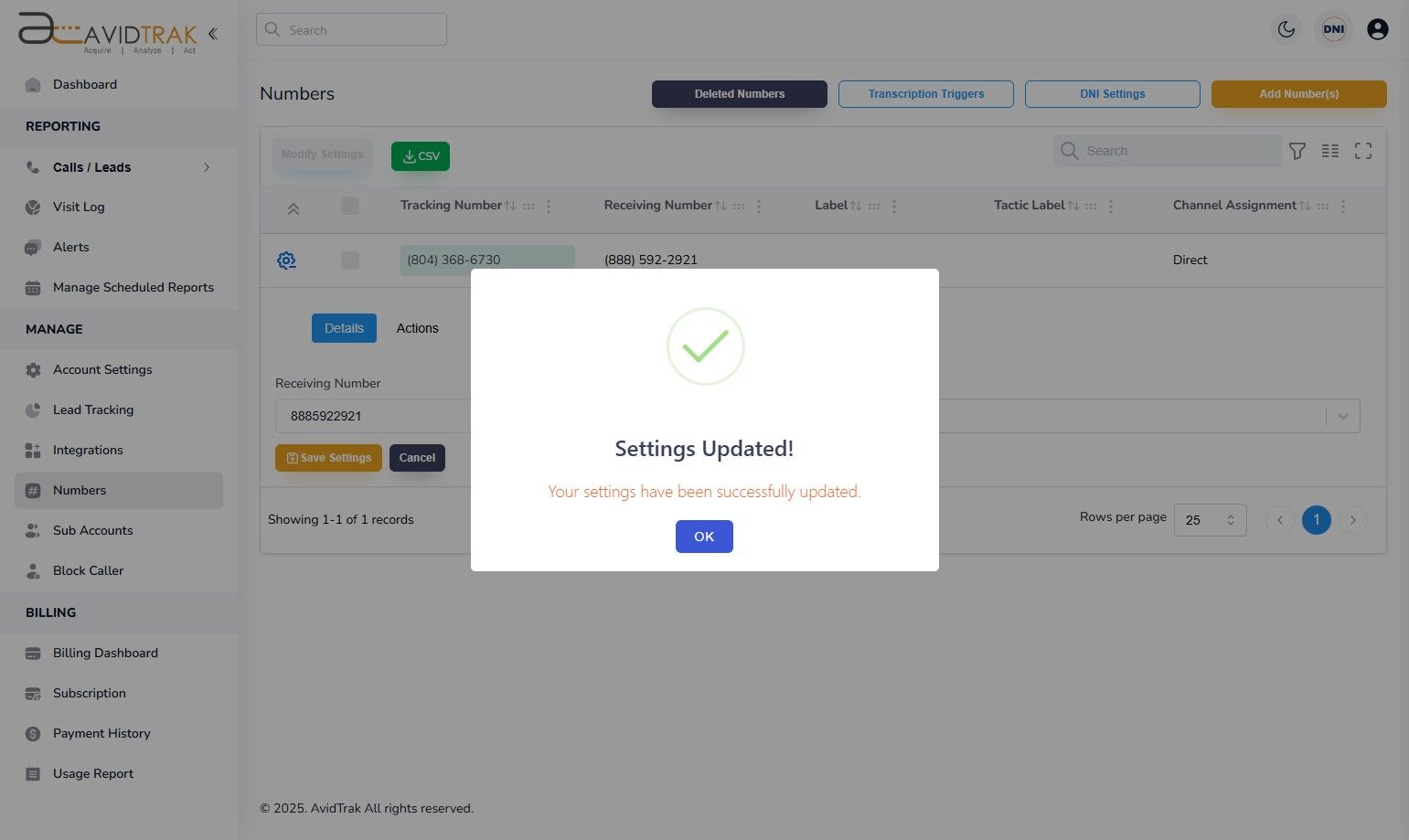 Avidtrak Receiving Number