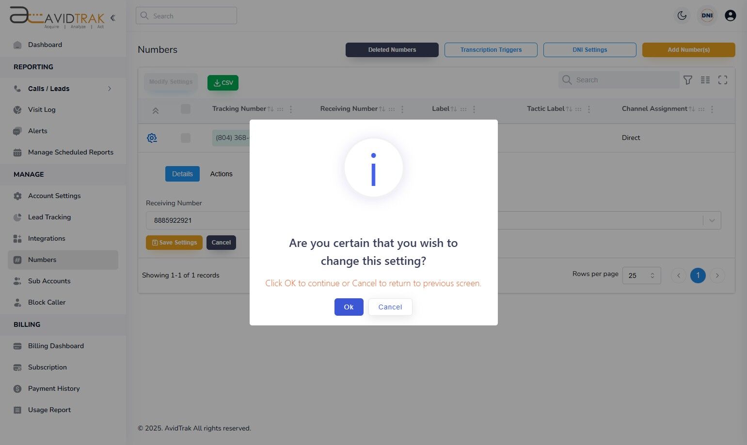 Avidtrak Receiving Number