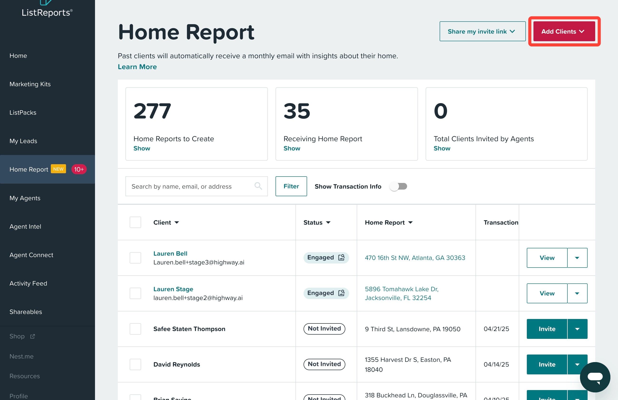 Inviting Individual Clients to Home Report – ListReports