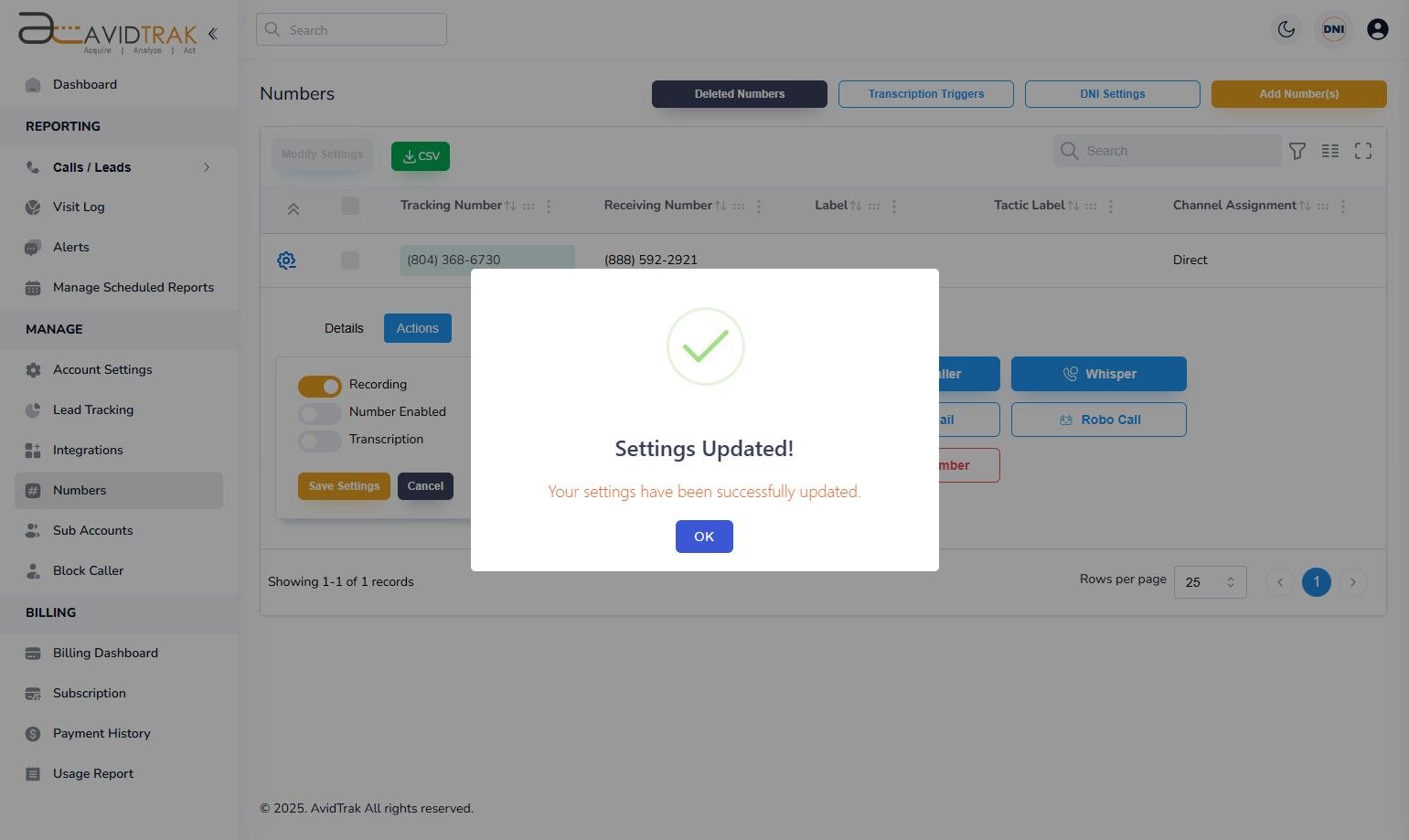 Avidtrak Whisper Feature