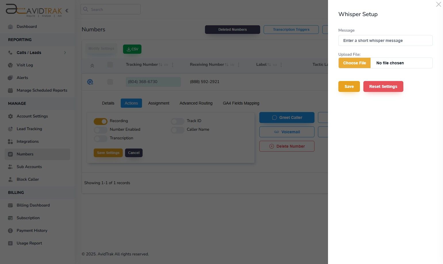 Avidtrak Whisper Feature