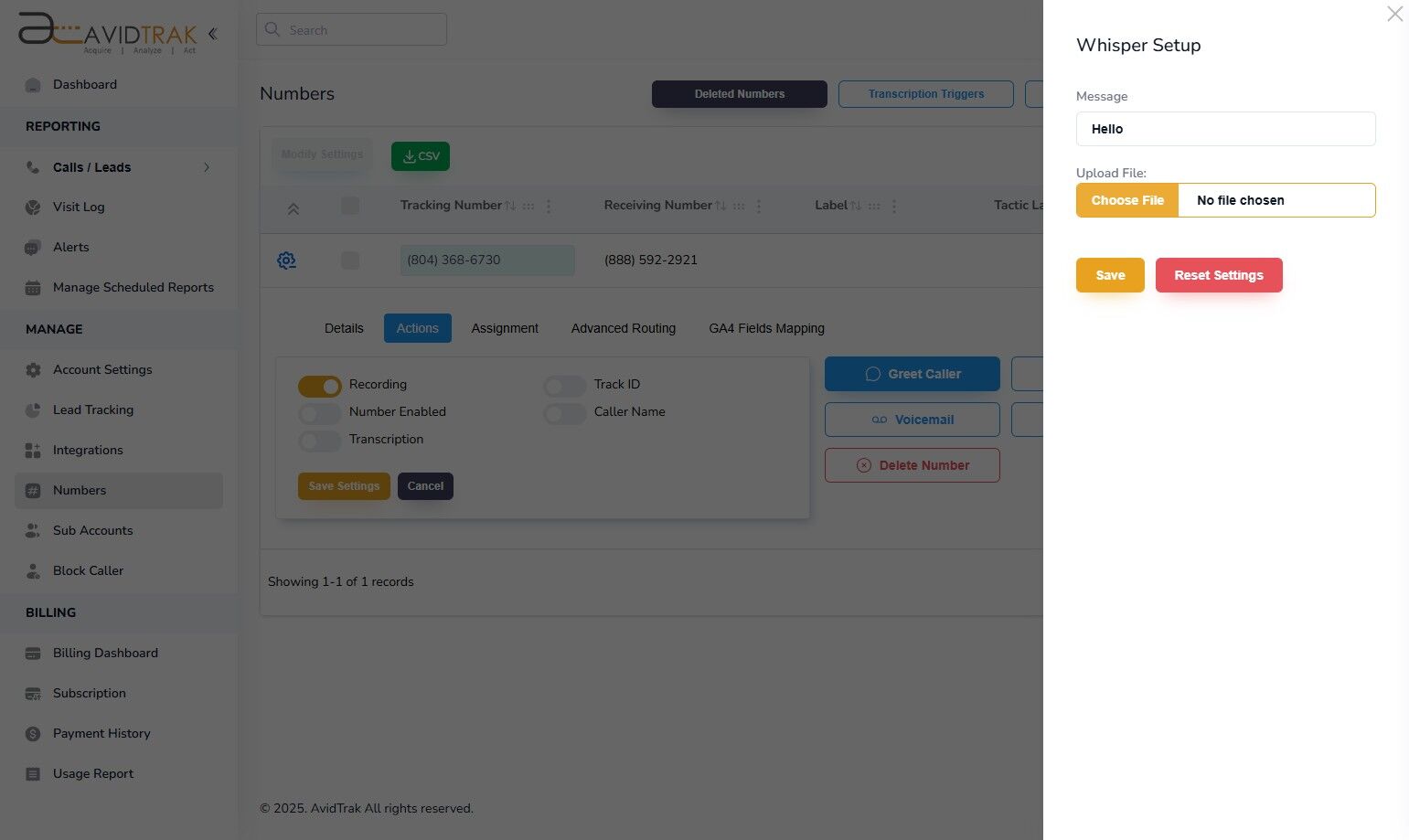 Avidtrak Whisper Feature