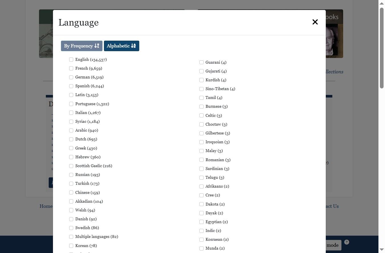 screen snip of the Language facet overlay with the Alphabetic sort button highlighted