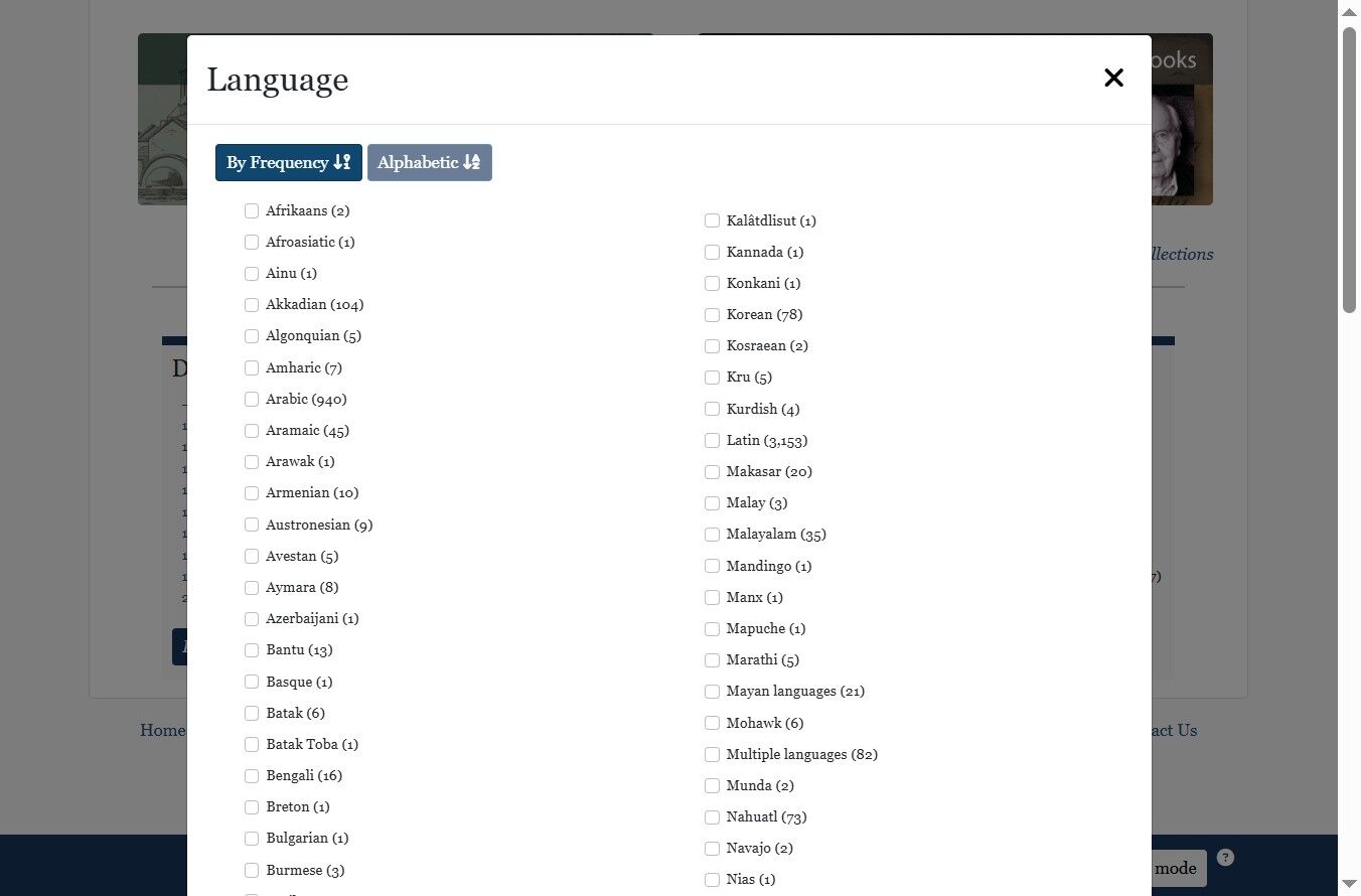 screen snip of the Language facet overlay with the checkbox next to Korean highlighted