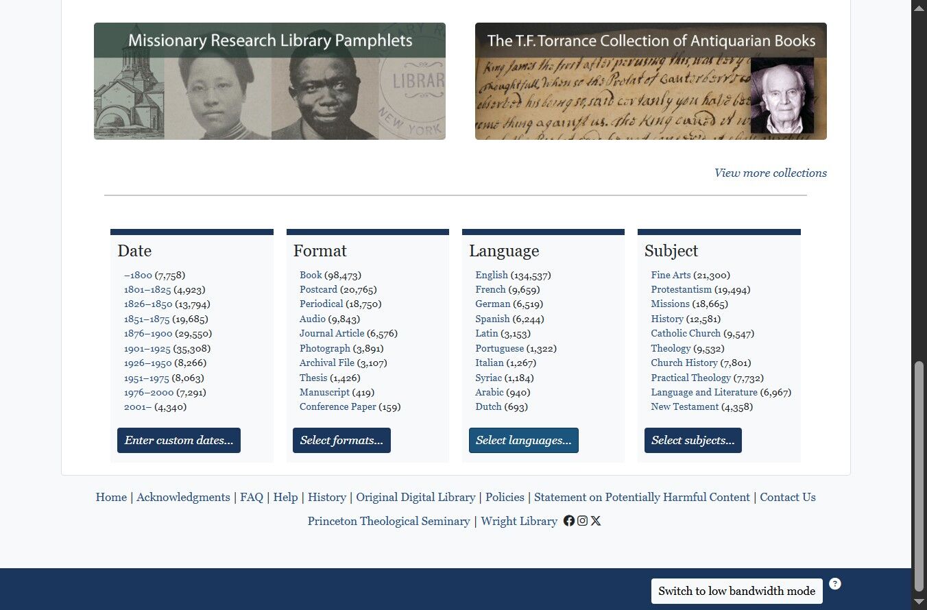 screen snip of the facets at the bottom of the Theological Commons home page