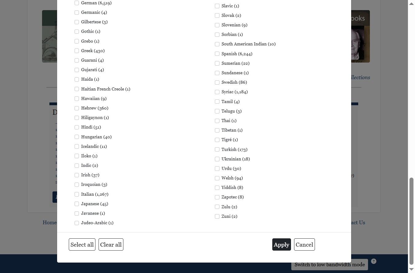 screen snip of the Language facet overlay with the Apply (submit) button highlighted