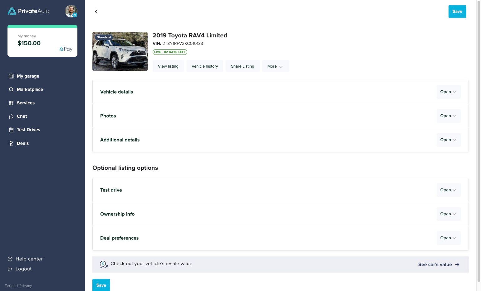 Interface view with 'Vehicle Details' section selected during edit mode