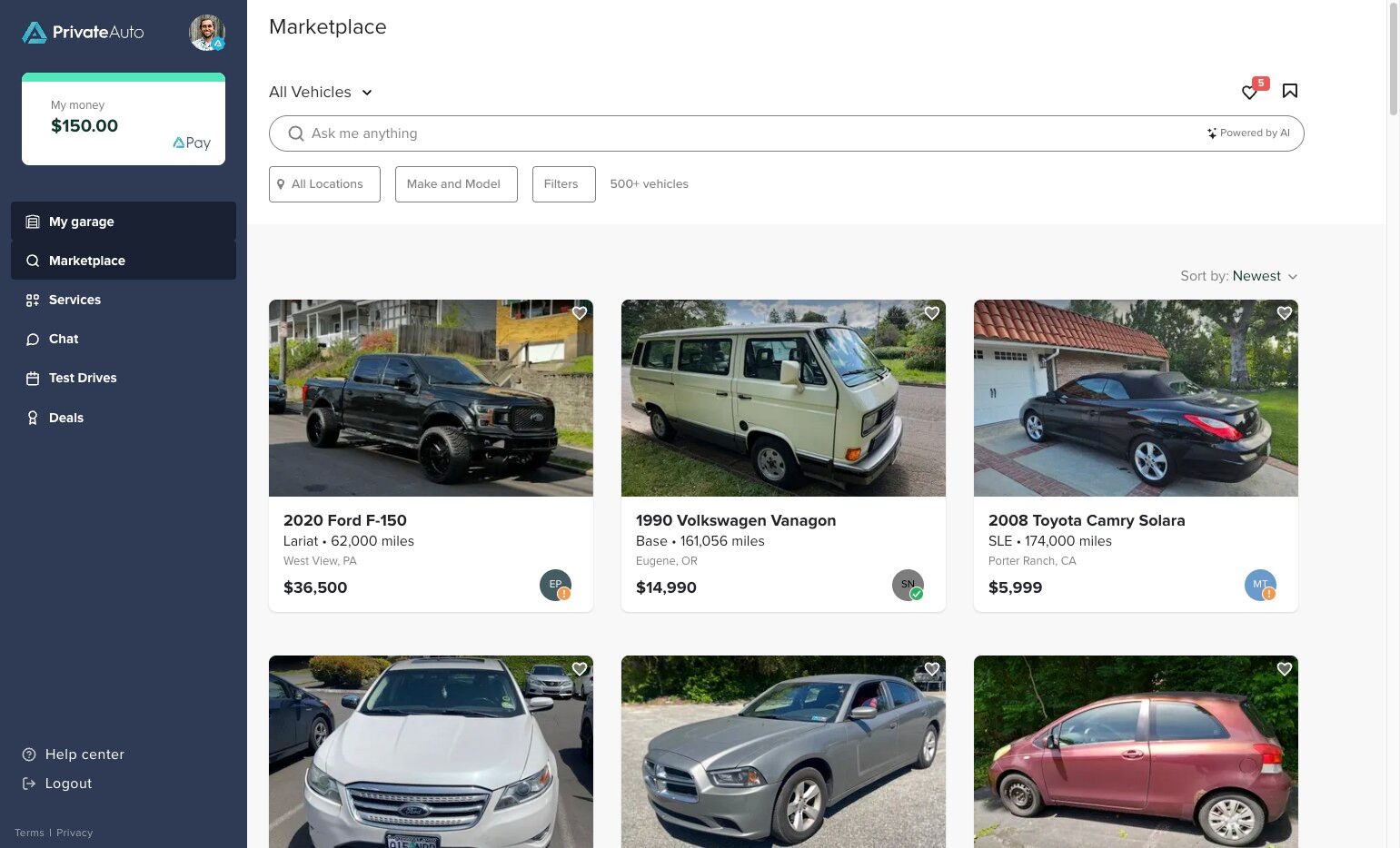 Dashboard view of PrivateAuto with 'My Garage' highlighted in the main navigation