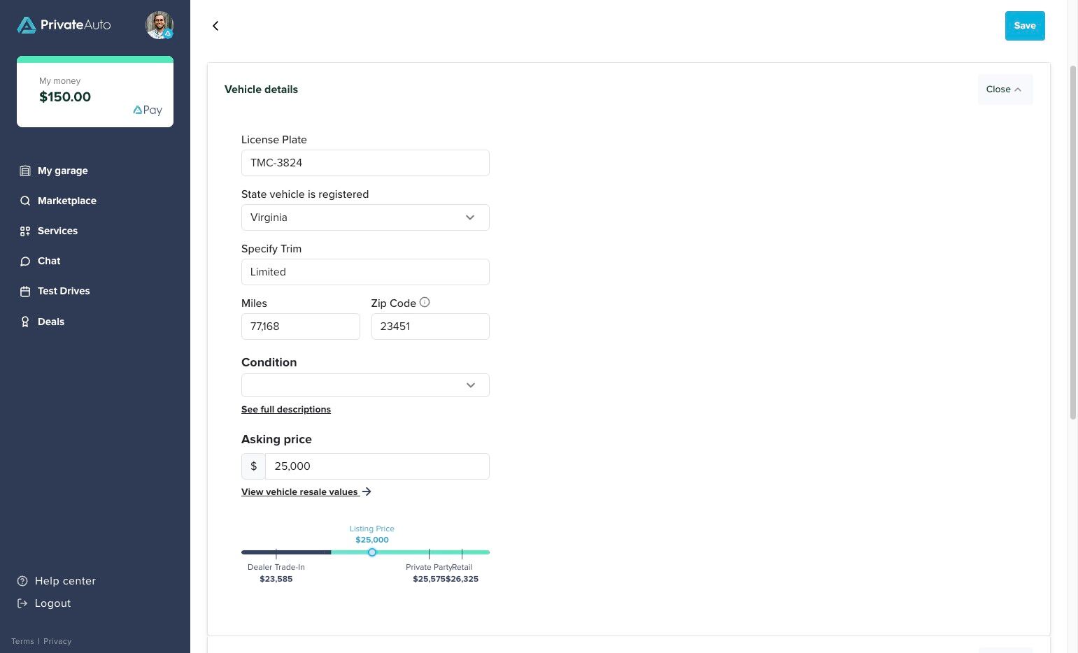 Highlighted zip code field within vehicle details for updating location