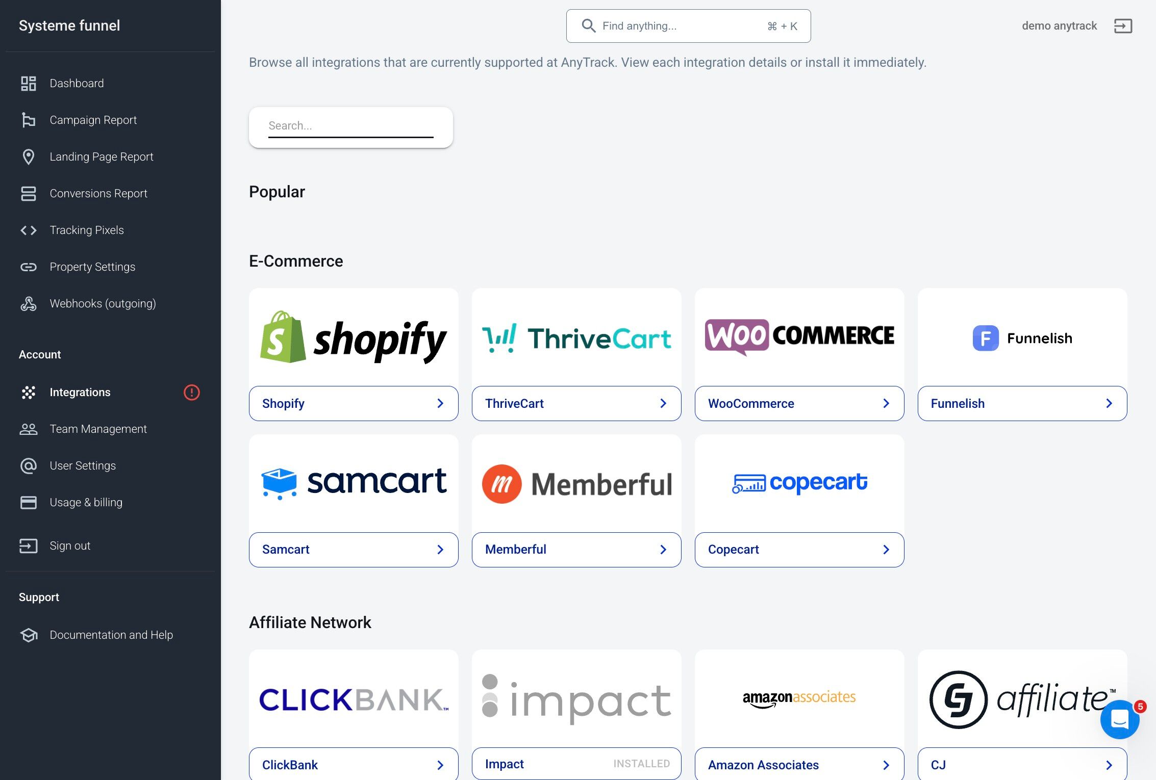 Opening integration catalog in AnyTrack