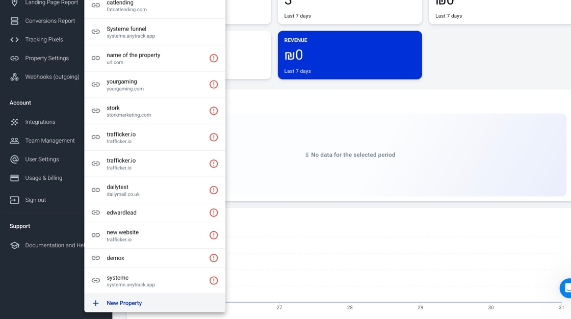Creating a new property in AnyTrack dashboard