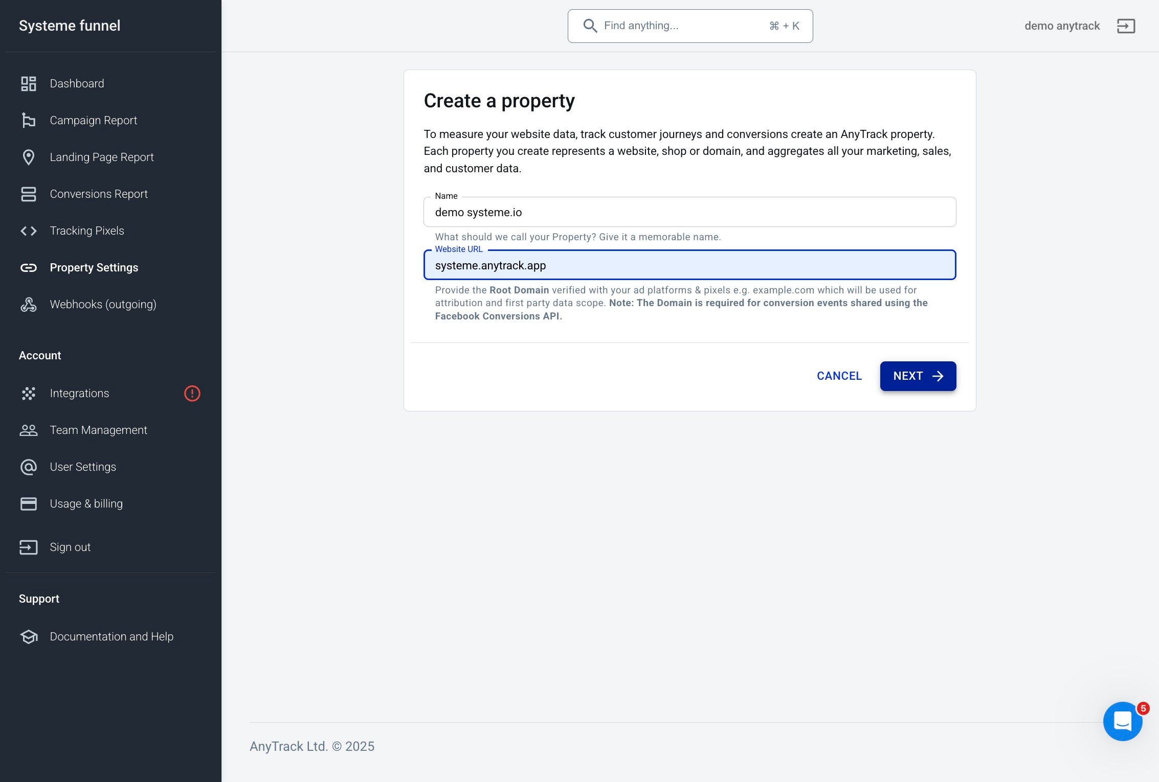Setting name and domain of Systeme.io funnel in AnyTrack