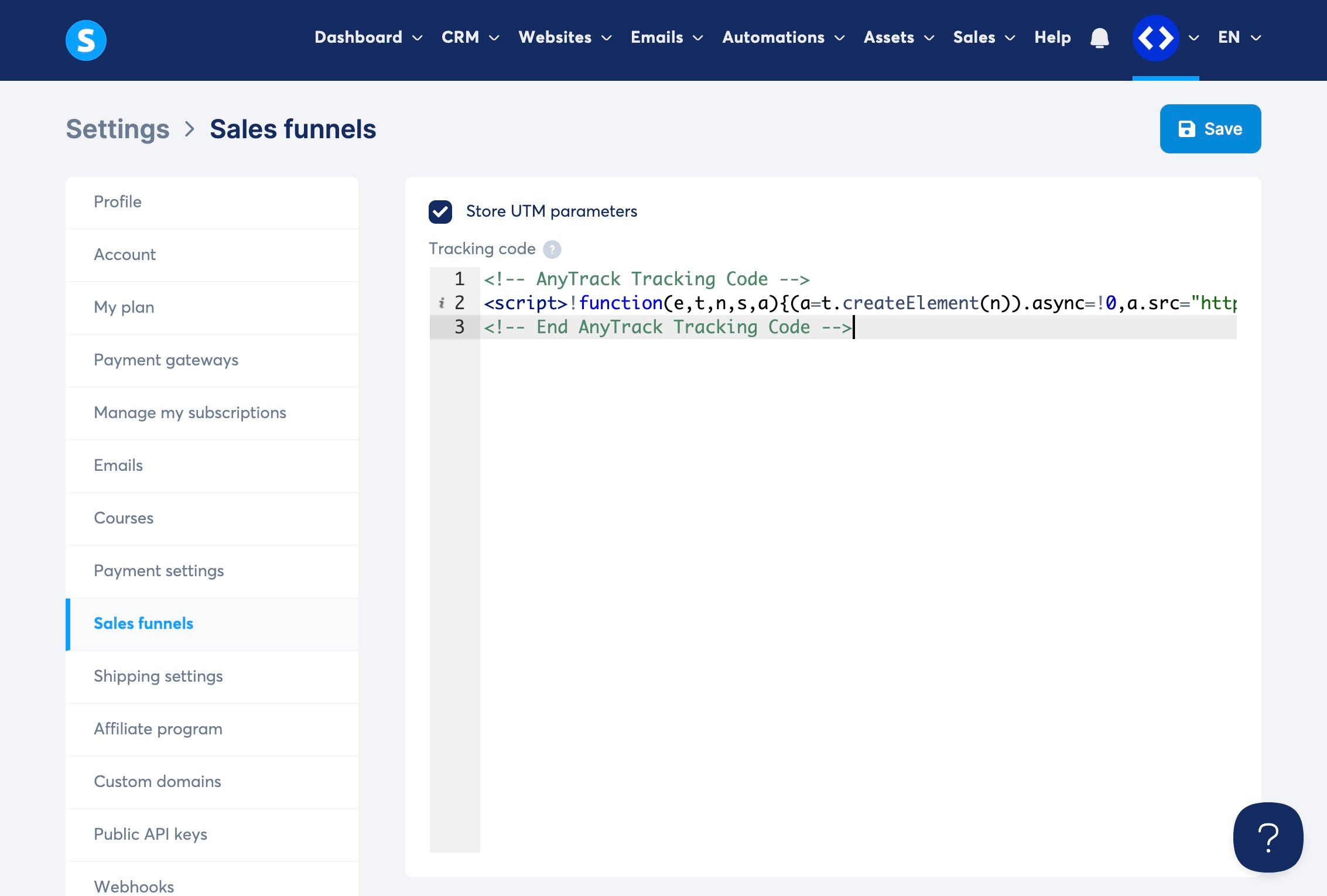 Pasting AnyTrack tag in Systeme.io settings