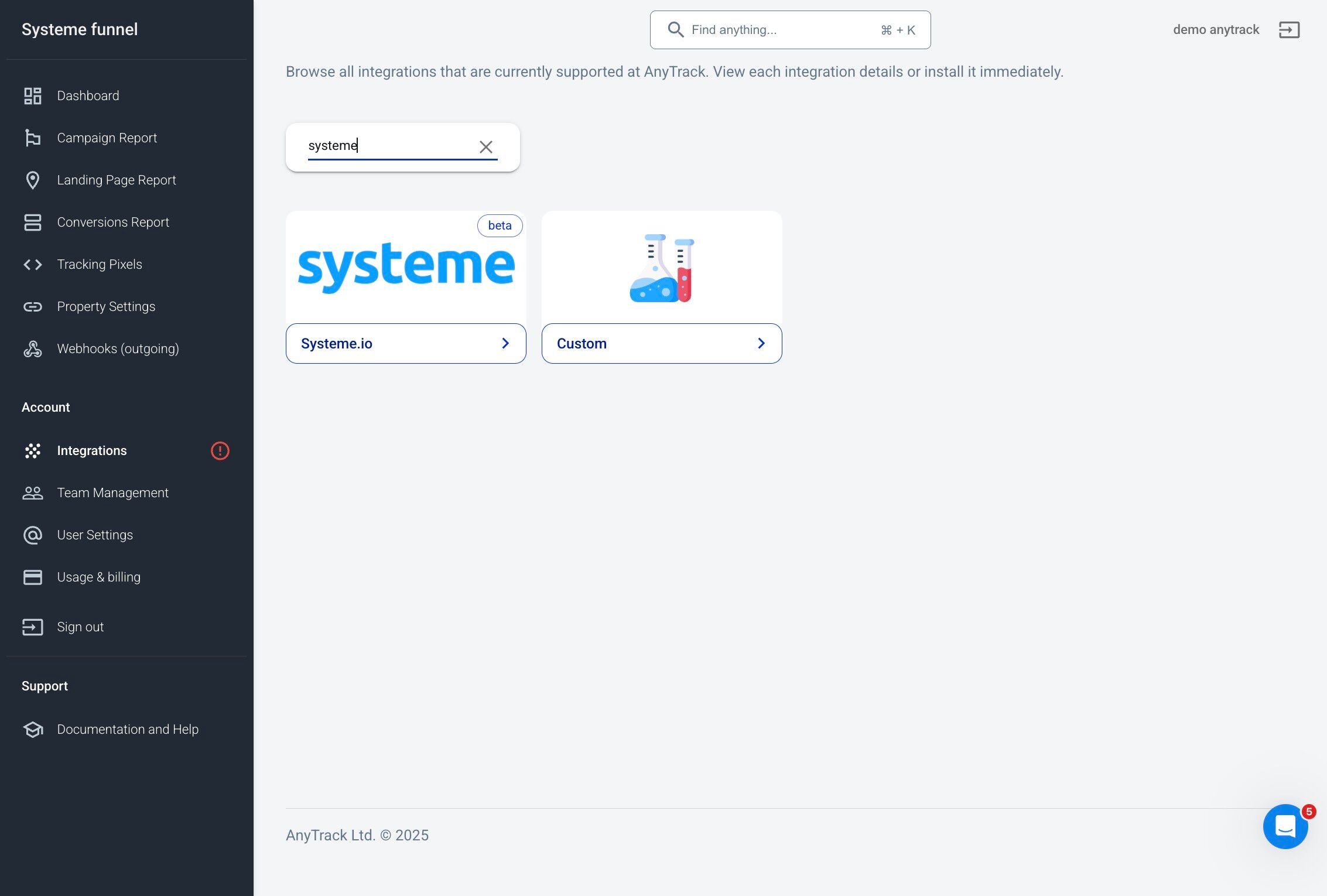 Searching and selecting Systeme.io integration in AnyTrack catalog