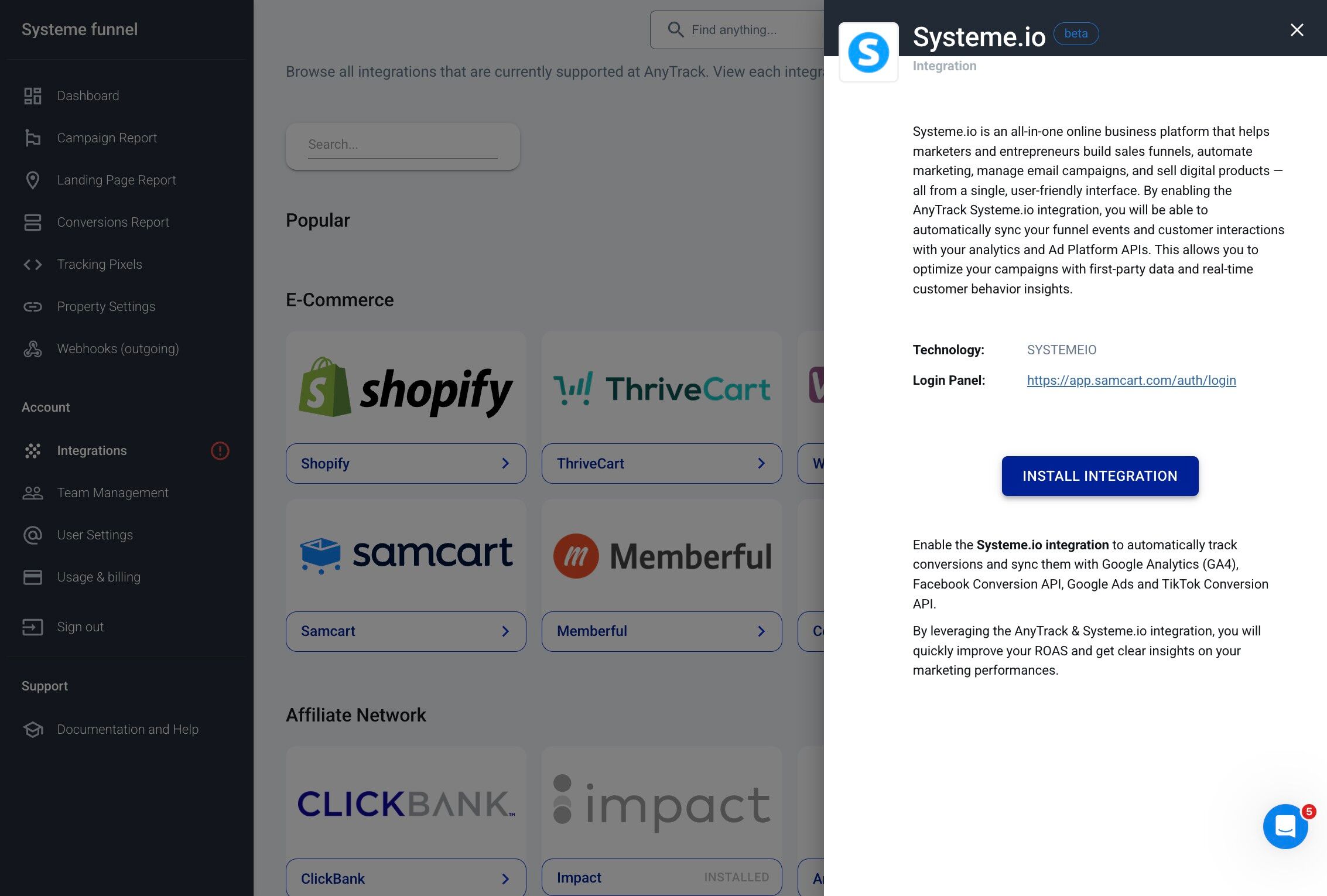 Installing Systeme.io integration in AnyTrack