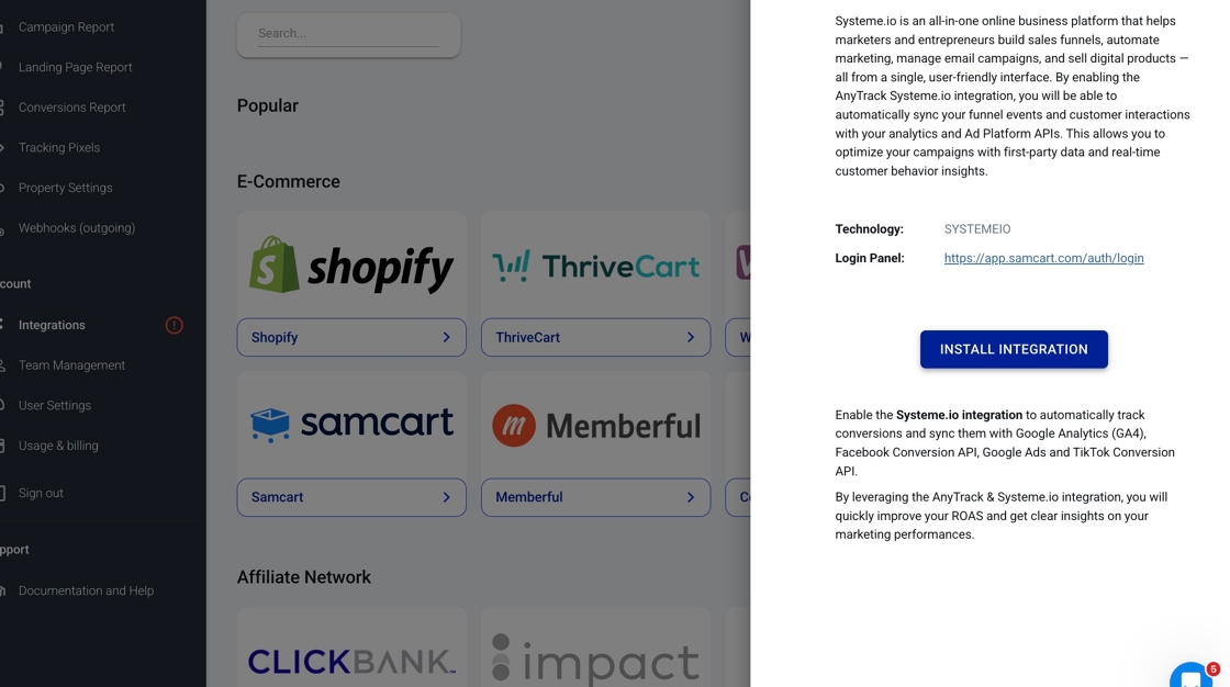 Installing Systeme.io integration in AnyTrack