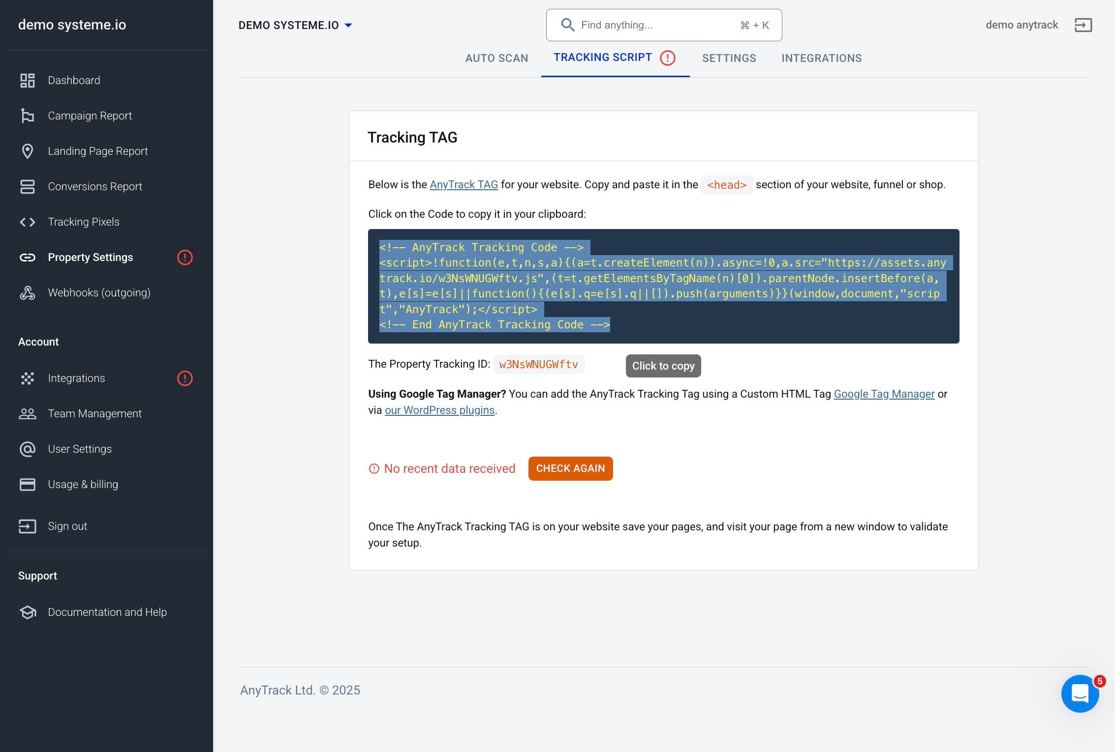 Copying AnyTrack tracking tag