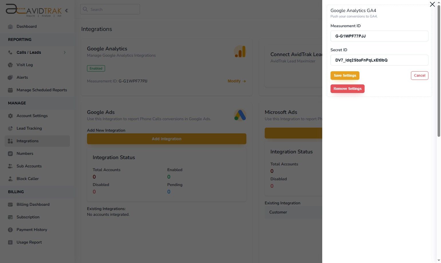 Google Analytics GA-4 Integration in AvidTrak