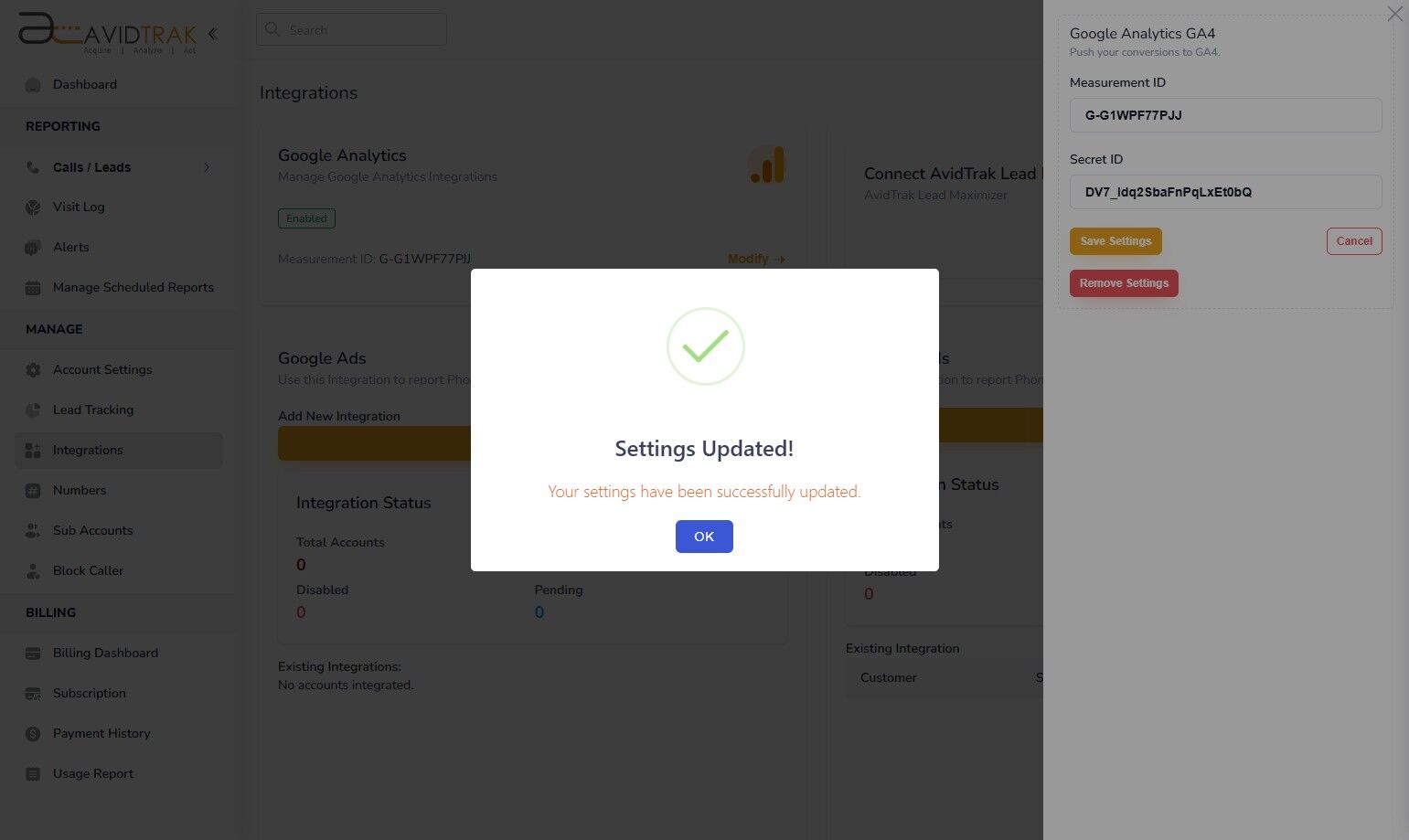 Google Analytics GA-4 Integration in AvidTrak