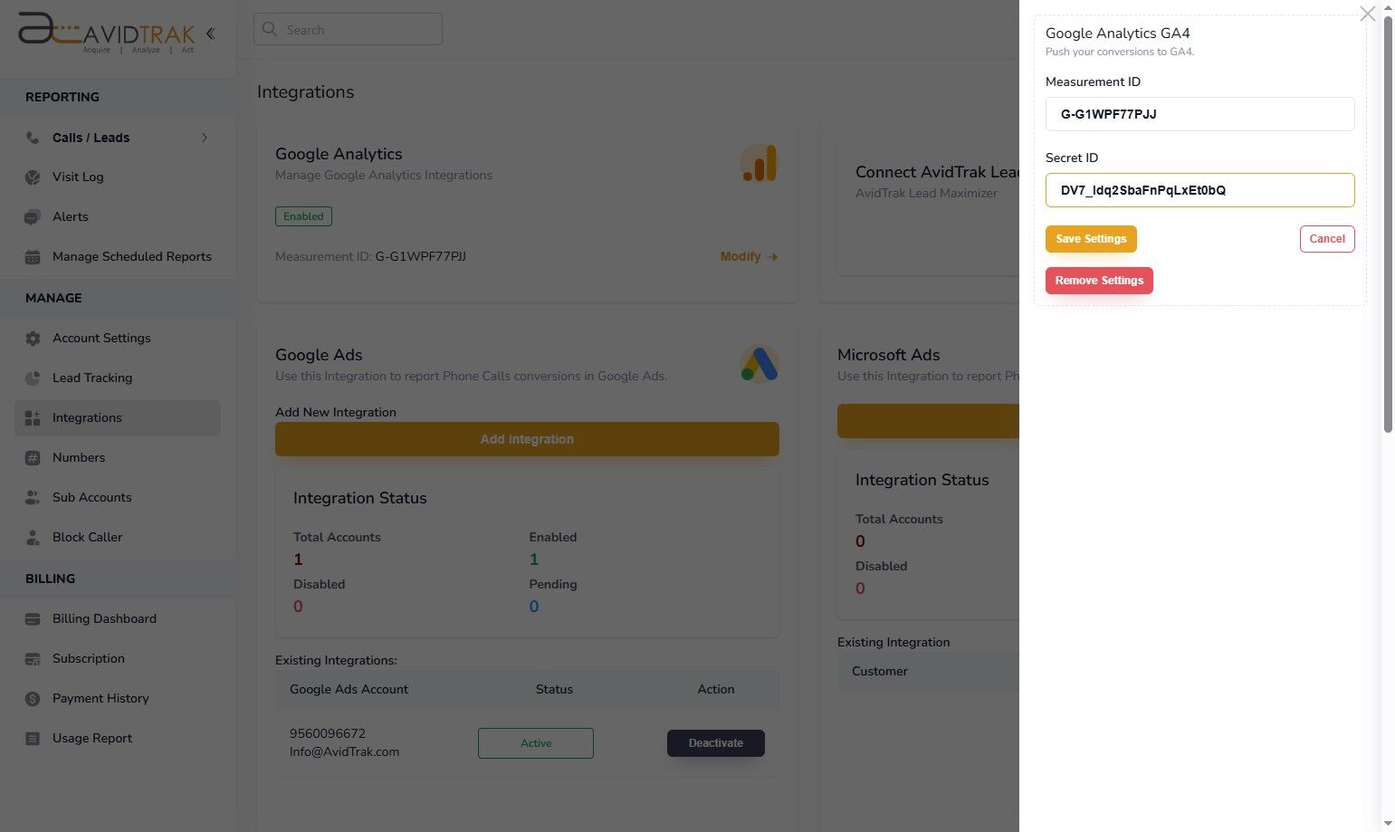 Google Analytics GA-4 Integration in AvidTrak