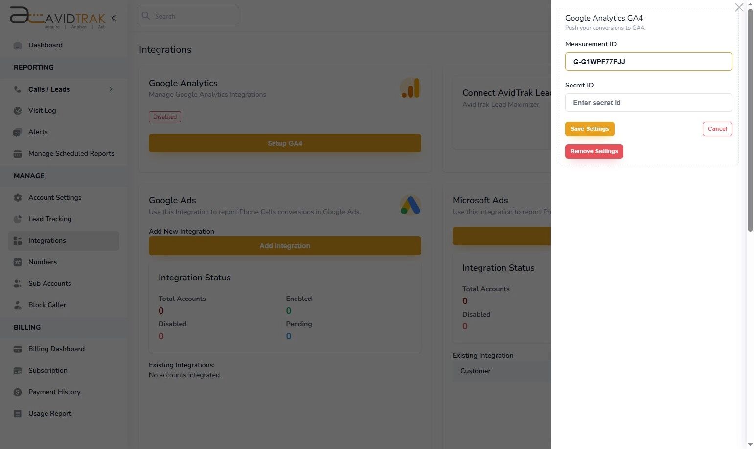 Google Analytics GA-4 Integration in AvidTrak
