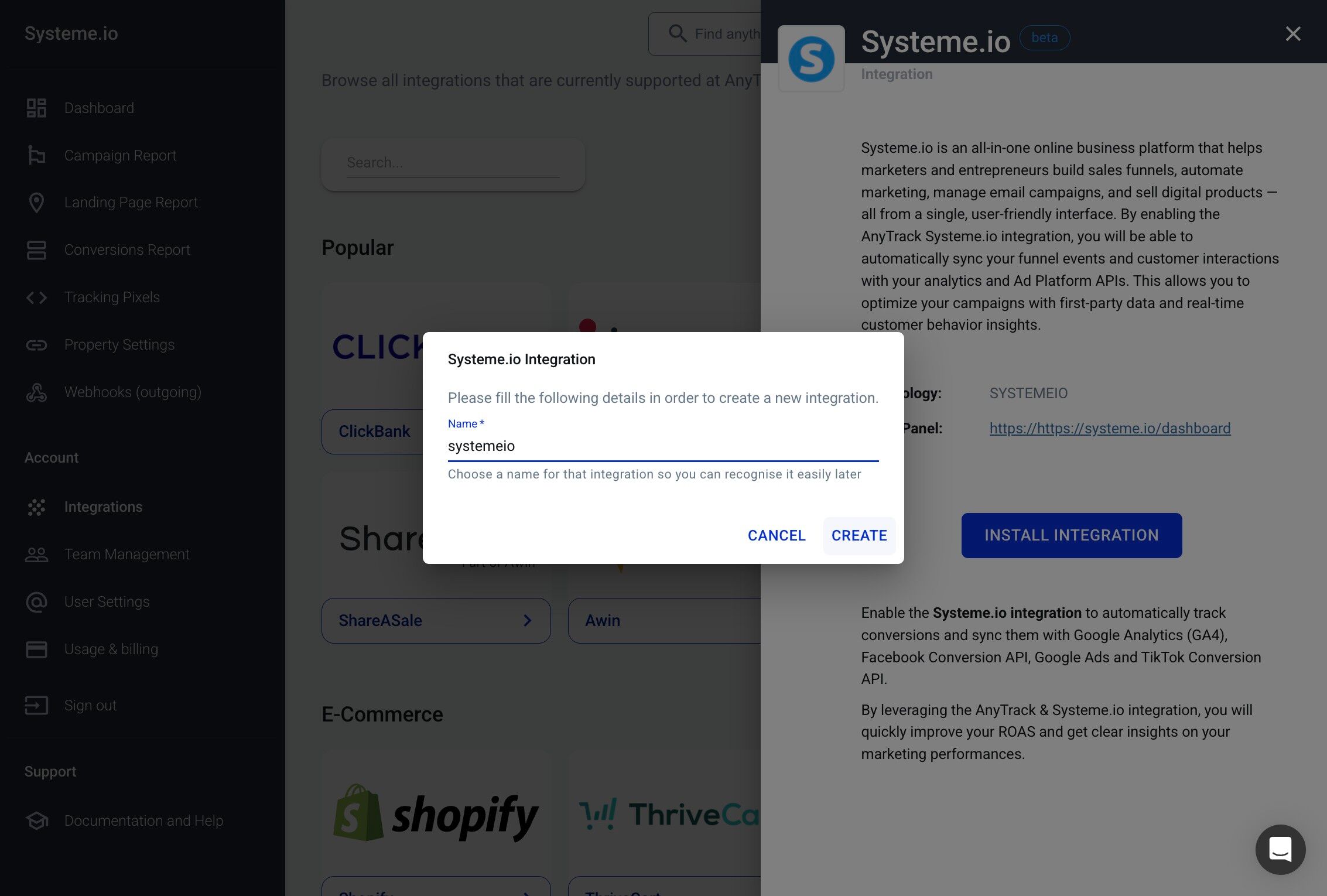 Creating Systeme.io integration in AnyTrack